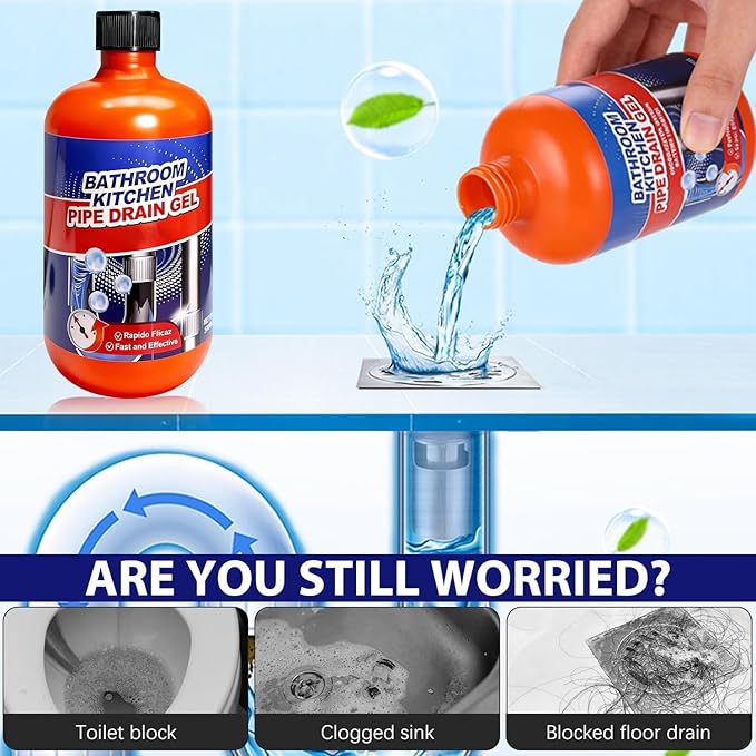 Drain Clog Remover, Professional Strength Liquid Drain Opener and Cleaner, Fast Acting Dissolver for Bathroom, Kitchen and Toilet, 500mL