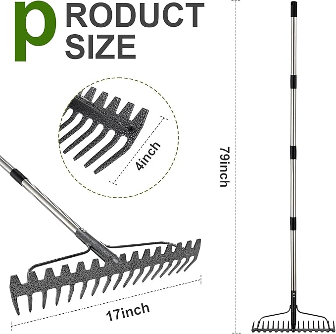 Bow Rake, 79" Heavy Duty Garden Rake with Wide 17 Tines Head & Stainless Steel Handle, Adjustable Rakes for Lawns Yard Loosening Soil Thatching Gathering Leaves Gravel