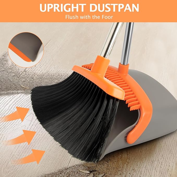 2-Pack Broom and Dustpan Set with Long Handle, Heavy Dust Broom and Dustpan Combo for Home，Kitchen, Office, Pet Hair(Gray Orange)