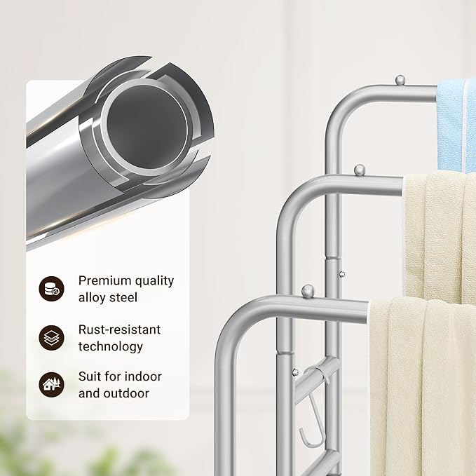 ELYKEN 40'' Tall Standing Towel Racks, 3 Tier Towel Drying Rack Outdoor, Pool Towel Stand Blanket Holder with Shelf & 4 Removable Hooks, Metal Freestanding Towel Racks for Bathroom, Smooth Silver