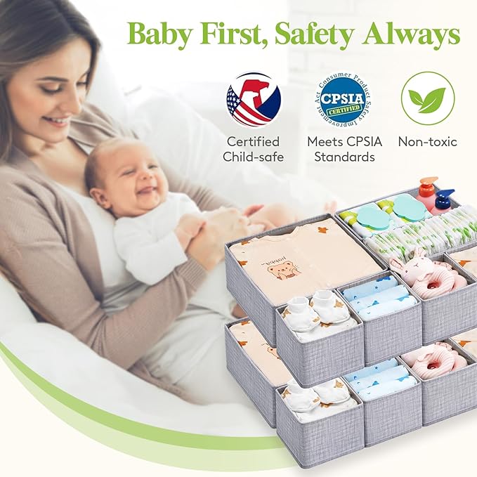 Lifewit Nursery Drawer Organizer for Clothes 12 Pack, Certified Child-safe Dresser Drawer Divider Storage Bins, Foldable Clothing Storage Basket for Baby Clothes/Underwear/Sock/Diaper in Closet