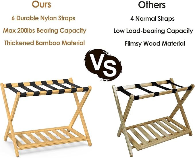 BAMBOOHOMIE 2 Pack Bamboo Luggage Rack for Guest Room, 26.77" Folding Wide Suitcase Stand with Storage Shelf, Thickened Luggage Stand Holder for Bedroom Hotel, Luggage Rack for Suitcases (Natural)