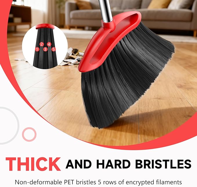 Heavy Duty Broom, 54-inch Adjustable Long Handle Angle Brooms Large Brooms for Sweeping Indoor and Outdoor Commercial Broom for Home Kitchen Patio Garage Porch Courtyard Classroom, Red