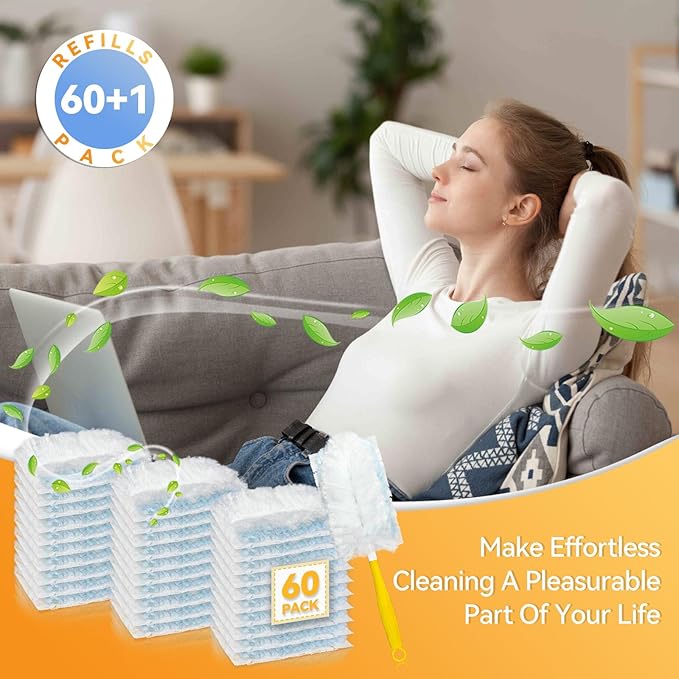 60 Pack Dusters Refills Compatible with Swiffer Duster Handle Models, 180° One Sided Duster Refills for Short and Extendable Handles, with 1 Pack Handle