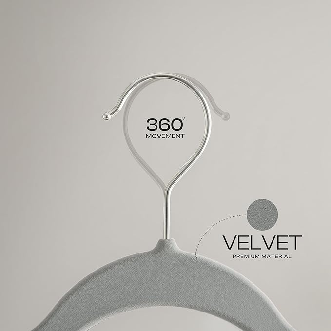 Utopia Home Velvet Hangers 50 Pack – Luxury Non-Slip Slim Pant & Coat Hangers, Strong Space-Saving Clothes Hangers with Pants Bar and 360° Swivel Hook – Grey