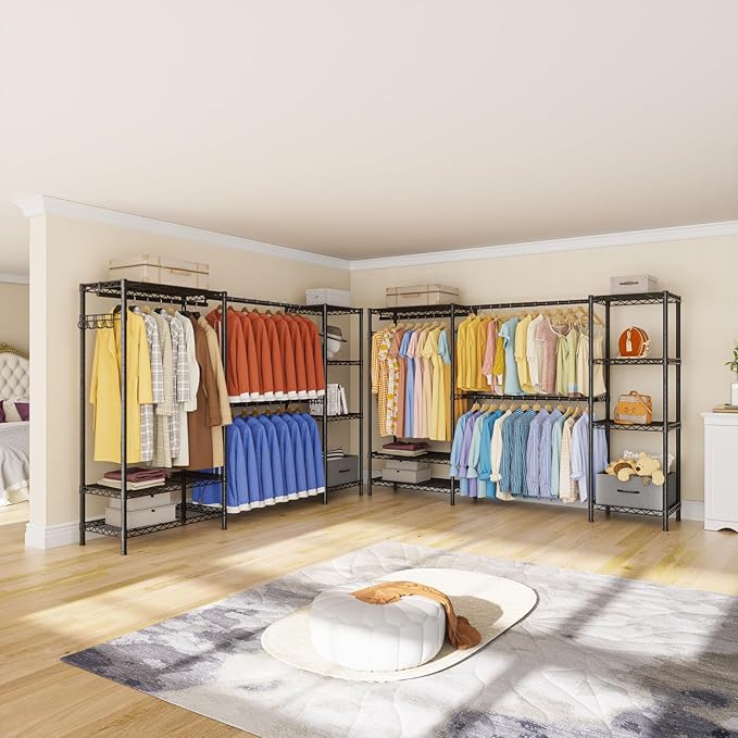 Golpart Coat Rack Clothes Wardrobe：Closet Organizer and Storage Clothing Garment Rack with Shelves Heavy Duty for Hanging Clothes Portable Adjustable Black 15.8" Dx(70-88.5)" Wx76.5 H