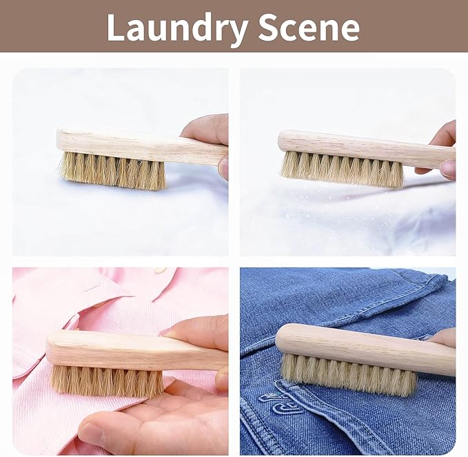 Wood Laundry Stain Brush Set (Large + Small) with Boar Bristles – Tough Stain Remover for Delicates, Cotton, Linens & Shoes, Laundry Scrub Brushes for Clean Fabric