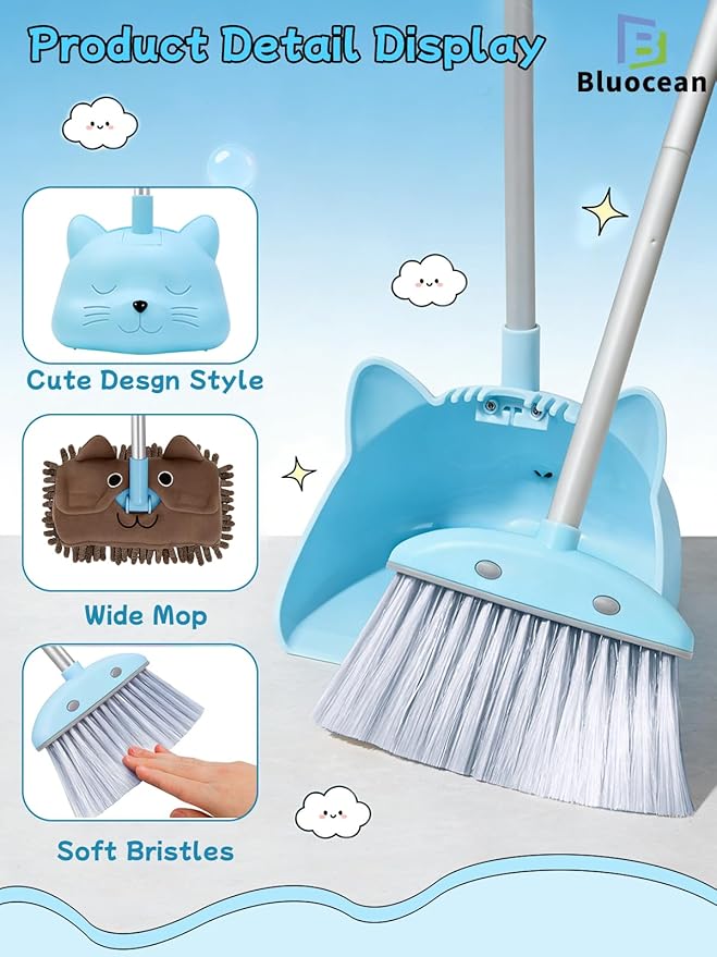 28'' Kids Mini Broom with Dustpan & Mop Set - Toddler Cleaning Toy, Toddler Household Helper, Parent-Child Interactive Play Cleaning Tool, Cute Cartoon Design, Small Safe Corner Broom (Blue)