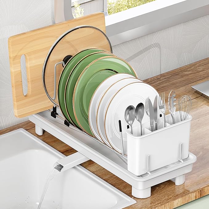 Small Dish Drying Rack, Compact Dish Rack for Kitchen Counter, Stainless Steel Dish Drainer, Dish Strainer with Cutlery Holder, White