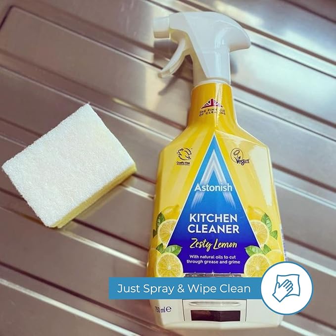 Astonish Zesty Lemon Scented Kitchen Cleaner 3 Pack - All Purpose Cleaning Solution Removes Grease, Grime, & Surface Stains - Cruelty Free Kitchen Grease And Multi Surface Cleaner - 750ml Spray Bottle