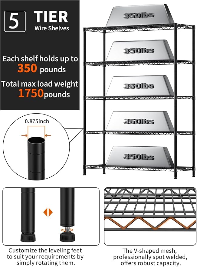 Golpart 5 Tier Adjustable Storage Shelves Heavy Duty Metal Utility Shelf 1750LBS Capacity Wire Shelving Unit Organizer Rack for Home Kitchen Garage Pantry Room 18" D x 46" W x 77" H Black