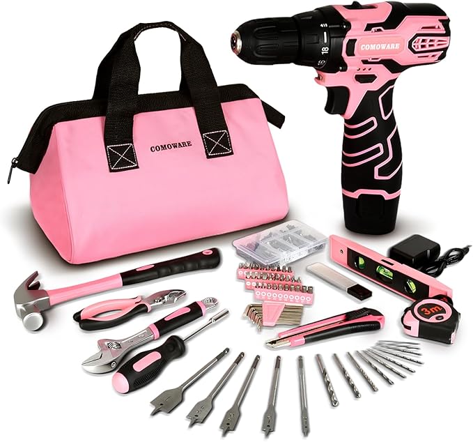 COMOWARE 12V Cordless Drill Set, Pink Hand Tool Set with Cordless Drill Driver, Complete Repair Tool Kit for Women, Storage Bag, Ideal for Office, Garden, Dorm and DIY Project