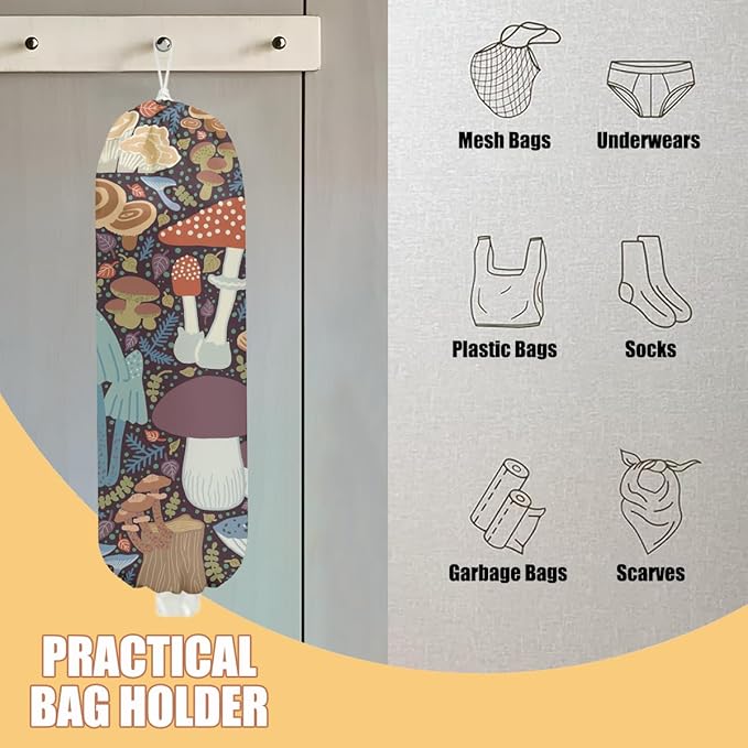 2 Pcs Mushroom Plastic Bag Holder, Wall Mount Grocery Bag Holder for Plastic Storage bag, Large Reusable Grocery Bags Storage Dispenser for Home Kitchen, Cute Mushroom Gifts for Women Wife Grandma