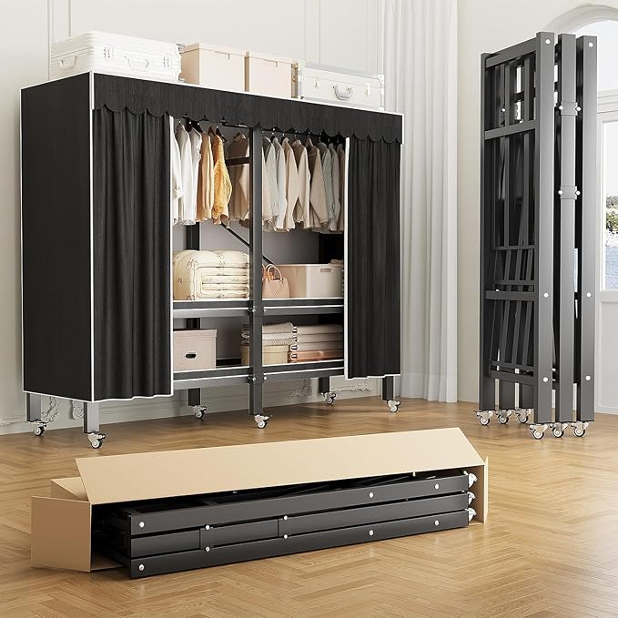 Heavy Duty Portable Closet with Cover Foldable Covered Clothes Rack for Hanging Clothes Armoire Wardrobe Closet System Freestanding Coat Storage Garment Racks (125cm/49.2in(Coffee))