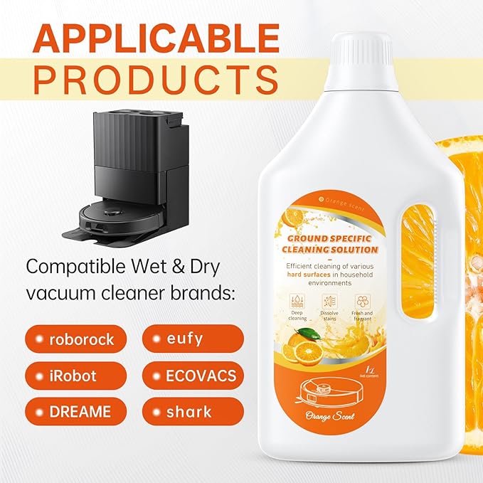 1L Sweet Orange Floor Cleaning Solution Compatible with Roborock&Eufy&iRobot&Ecovacs&Dreame&Shark, Fragrance Deodorization, Deep Cleans for Multiple Hard Floors, Suitable With All Robot Vacuum