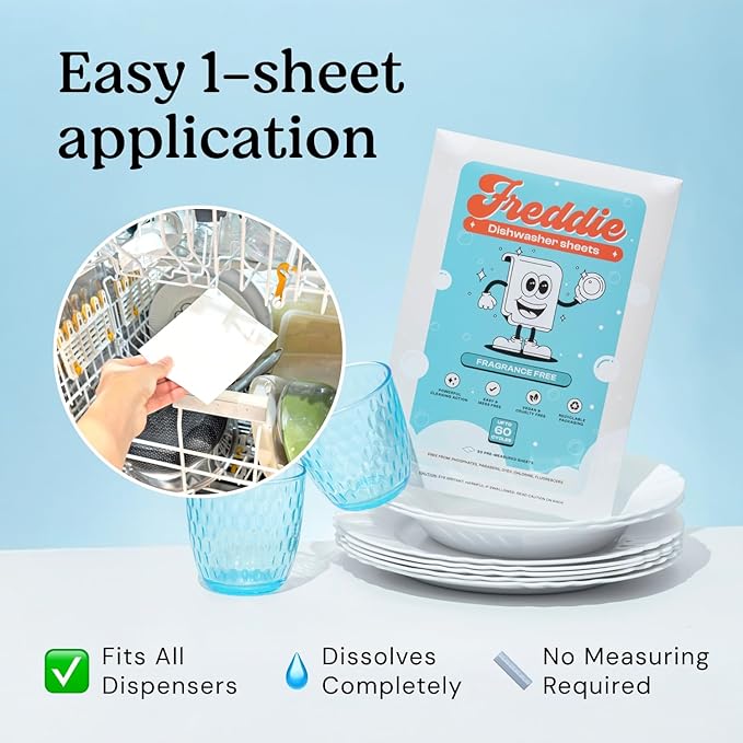 Freddie Dishwasher Sheets Fragrance Free - Space-Saving Alternative to Liquid Detergent - 60 Loads Concentrated Plastic Jug Free Strips