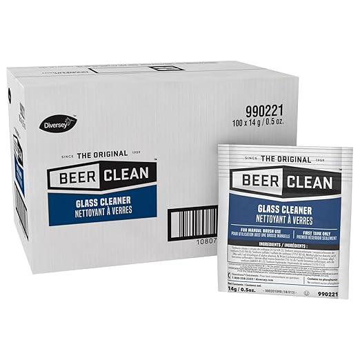 BEER CLEAN Diversey Bar Glass Cleaner, 0.5 oz Packets (100-Pack) – Concentrated Powdered Compound for Hot/Cold Water, Odorless Detergent, No Residue, Use for Manual Brush 3-Sink Systems, 990221