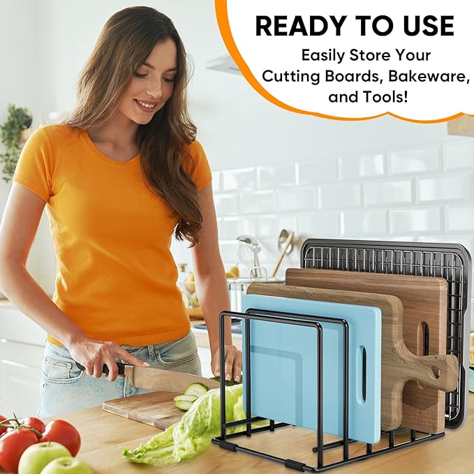 AKSONMN Baking Sheet Organizer Rack – 5-Slot Bakeware & Cookie Tray Holder for Kitchen Cabinet or Countertop, Stainless Steel Cutting Board Rack with Rust-Resistant Frame & Anti-Slip Feet