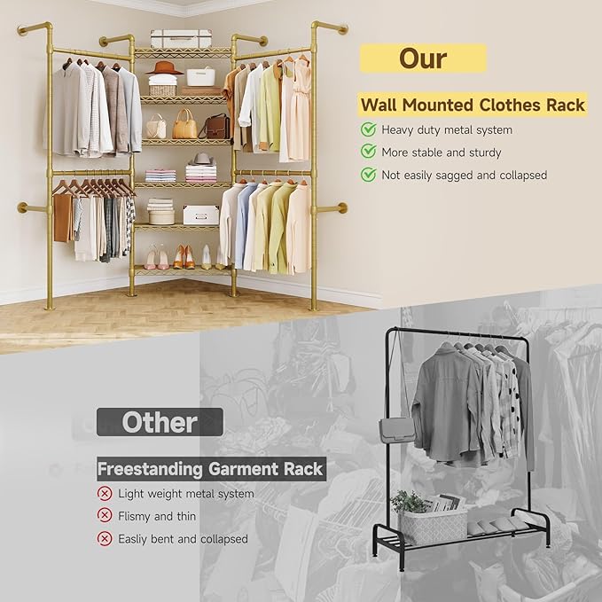 L3 Industrial Pipe Closet Organizer System, Wall Mounted Clothes Rack Clothing Racks with 4 Telescopic Rods & 6 Shelves , Heavy Duty Closet System in Wardrobe Closet (Gold)