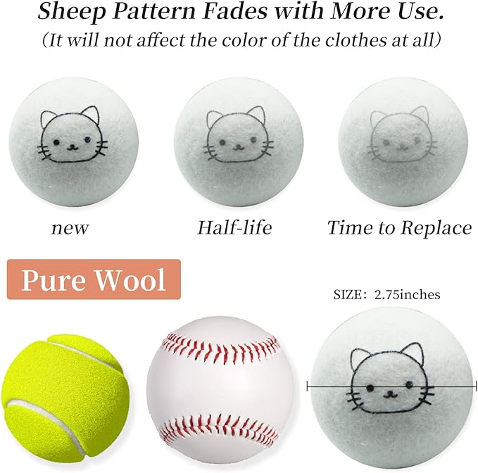 Dryer Balls Laundry Reusable, XL Wool Dryer Balls Cute Cat Face 6 Pack, Fabric Softener Ball, Extra Large Dryer Balls with Cat Pattern, Shorten Drying Time, Organic Wool - Dry 1000+ Loads