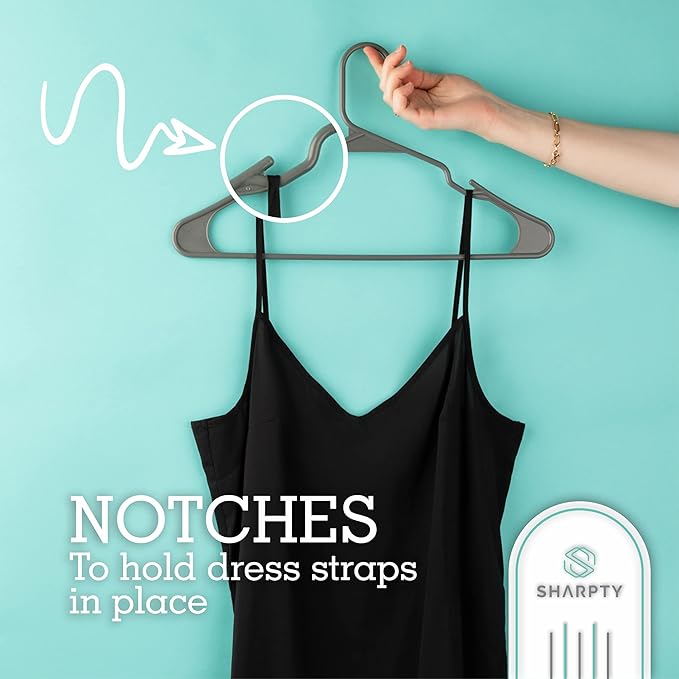 Sharpty Plastic Hangers Clothes Hangers for Clothing, Closet, Coats & Shirts - Notched, Durable, Thick, Tough & Space Saving - for Everyday Standard Use, Room Essentials & Basics - 50 Pack - Grey