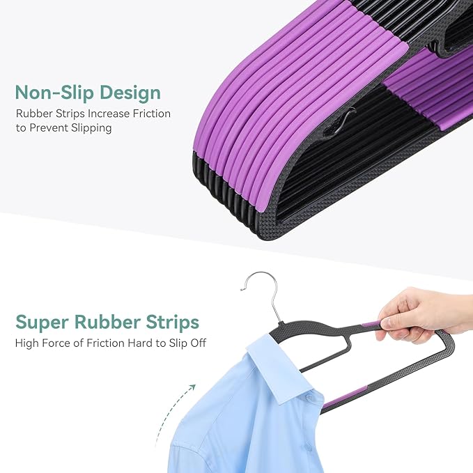 Tonswachic Pack of 50 Coat Hangers, Space-Saving Plastic Clothes Hangers, Non-Slip, 0.2 Inches Slim, 360° Swivel Silver Hook for Shirts, Pants, Suit & Wet/Dry Garments, Purple and Black