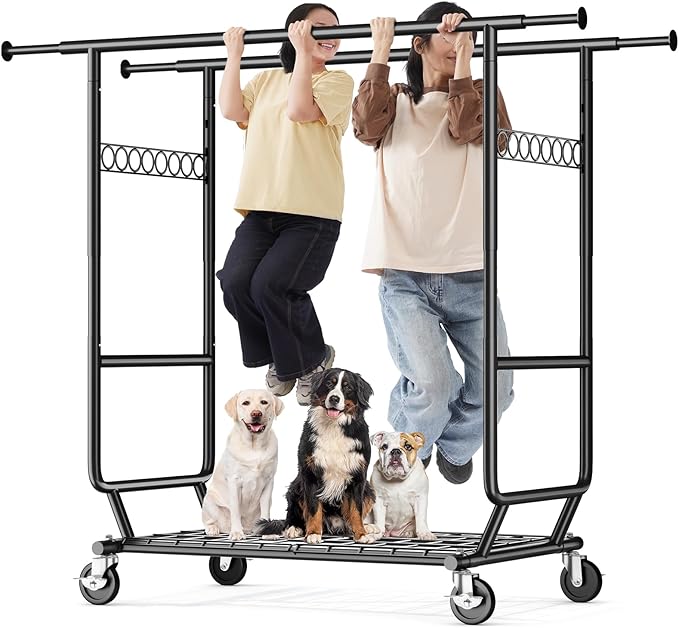 HOKEEPER Clothes Rack Heavy Duty Clothing Rack Load 650 LBS Collapsible Garment Rack with Wheels Double Rod Coat Rack for Hanging Clothes Commercial Closet Rack with Shelves, Black 22" D*75" W*68" H