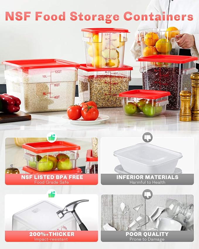 8QT NSF Food Storage Containers: 6PCS[Food Grade][Hot&Cold Resistant] Clear Food Storage Containers with Scales Handles for Home Restaurant Kitchen Storage Pizza Proof Dough, BPA Free (N3)
