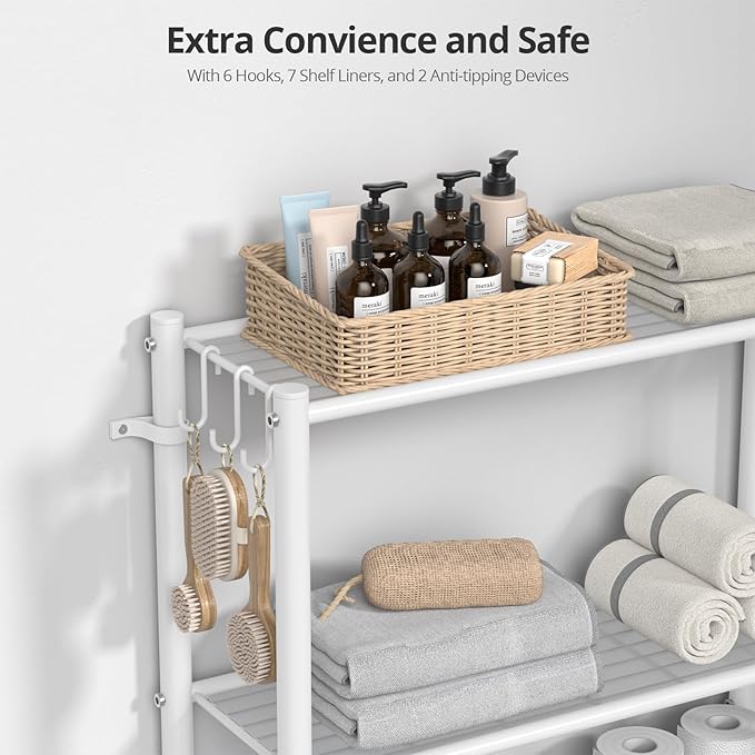 Hodonas Over The Toilet Storage Organizer - 7 Tiers Space Saving Bathroom Shelves, Adjustable Above Toilet Shelf Rack, Metal Organizer Shelf Over Toilet for Bathroom Storage and Organization, White