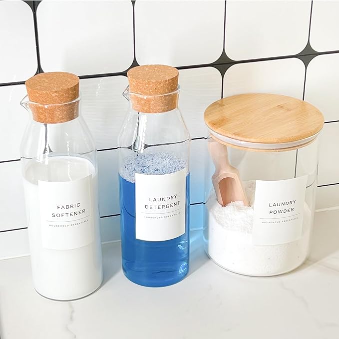 KOSKIMER Glass Laundry Detergent Dispenser Set, Liquid Detergent Containers, Scent Booster & Bleach Dispenser for Laundry Room (2 Bottles & Jar)