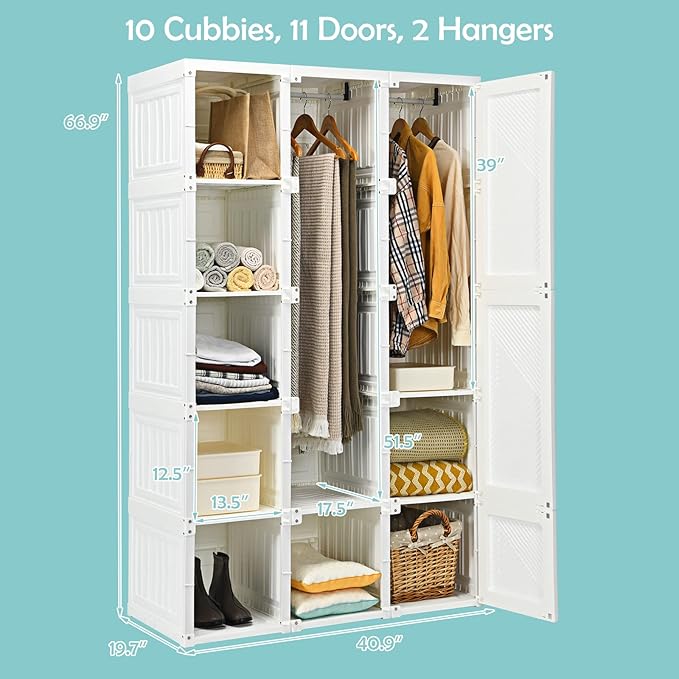 Tangkula Portable Closet Wardrobe, Foldable Clothes Organizer with Cubby Storage, Hanging Rods, Easy Assemble Clothing Storage with Magnet Doors, Folding Bedroom Armoire (10 Cubbies & 2 Rods)