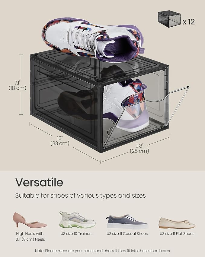 SONGMICS Shoe Boxes, Set of 12, Clear Plastic Shoe Storage, Stackable Sneaker Box, Drop Front Door, Up to US Size 11, Easy Assembly, 13 x 9.8 x 7.1 Inches, Transparent Black ULSP032B12