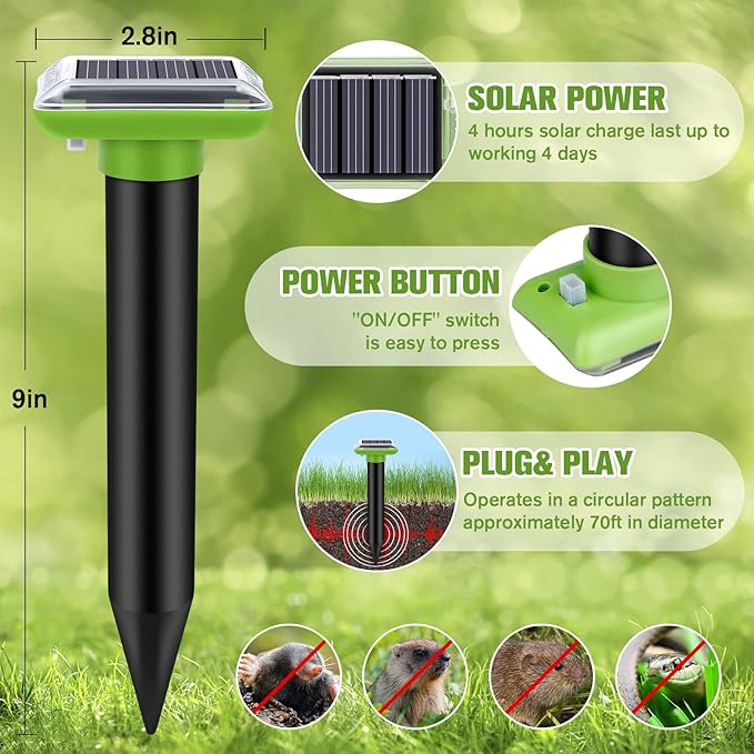 Solar Mole Repellent, Ultrasonic Gopher Repeller Outdoor, Solar Powered Waterproof Snake Repellent Deterrent Gopher Vole Snake Pest and Other Animals from Lawn Garden Yard Home(4 Packs)