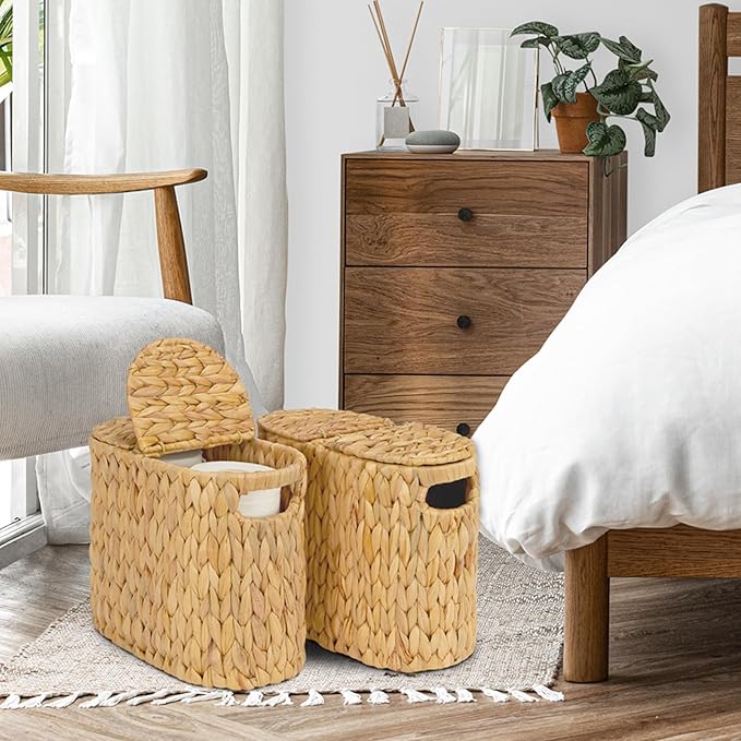 ELONG HOME Toilet Paper Basket with Lid, Water Hyacinth Wicker Toilet Paper Storage Holder for 4 Rolls, Toilet Paper Storage for Bathroom