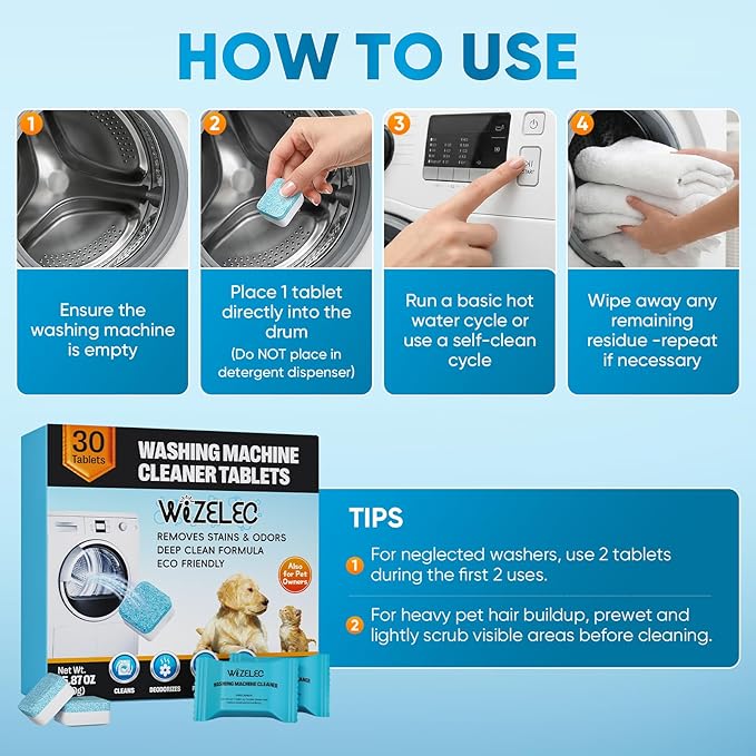 Washing Machine Cleaner Tablets - 30 Pack, 1+Year Laundry Use, Fits All Washers, Cleaning Drum & Tub Seal Removes Limescale, Odors & Buildup, Eco-Safe, Residue-Free, Pet-Friendly, Septic Safe