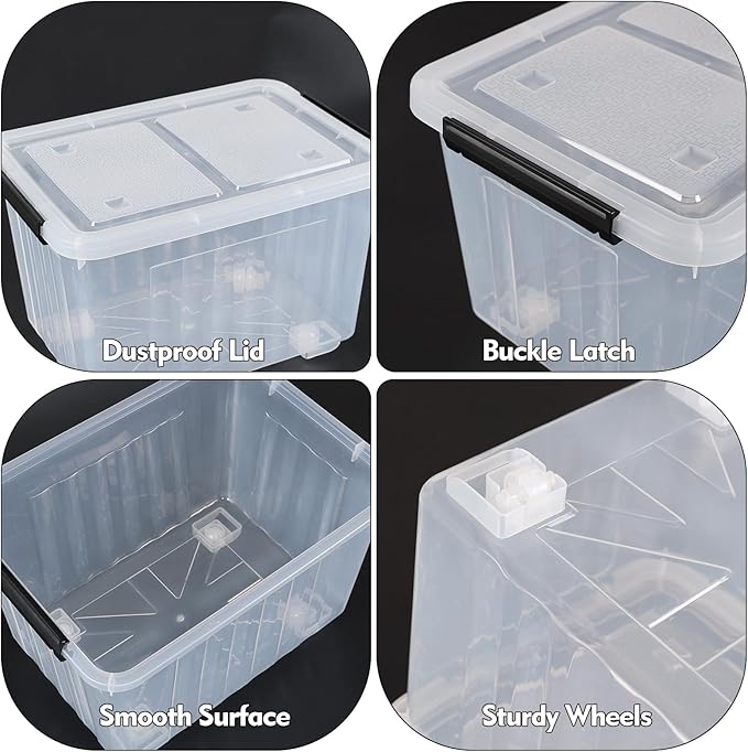Cand 30 Quart Plastic Storage Boxes with Wheels, 4 Pack Latching Lidded Storage Bins, Clear