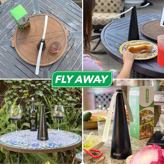Fly Away - 4 Pack Outdoor Fly Repellent Fan, Outside or Inside Table use, Restaurant, Barbeque, Events, Deter Flies, Wasps, Bees, Other Moscas and Bugs Away, Battery Operated, Tabletop, Hanging Hook.