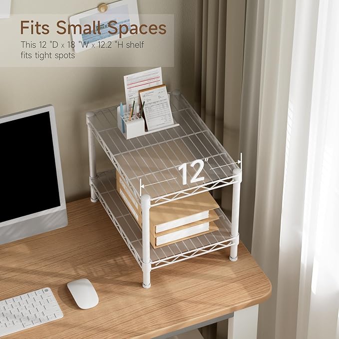 Golpart Small 2 Tier Shelves Storage Wire Shelving Unit Metal Shelf Adjustable Organizers Storage Shelving for Bathroom Laundry Room Kitchen Pantry12”D x 18”W x 12.2”H White