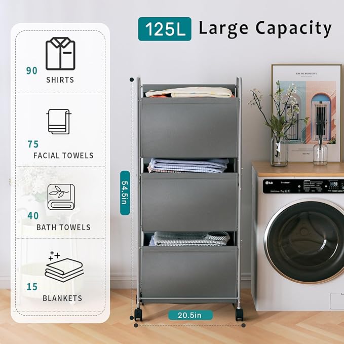 125L Vertical Laundry Hamper with Wheels, 3 Section Large Rolling Laundry Sorter with Detachable Inners, Metal Clothes Hamper Laundry Baskets Organizer for Bathroom, Bedroom, Dorm (Gray)
