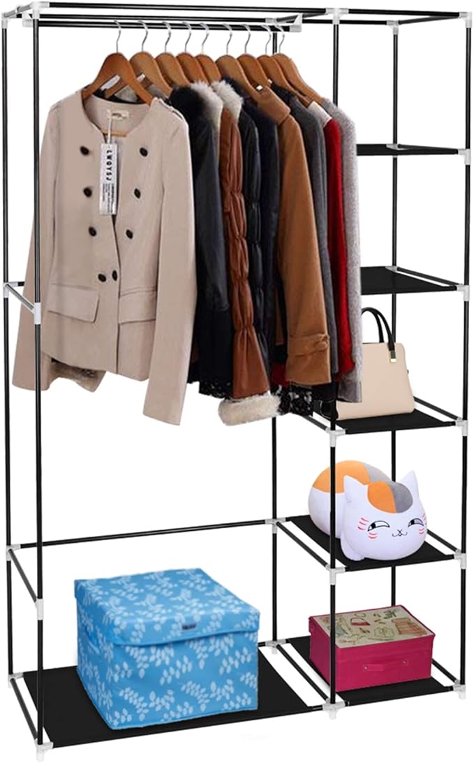 Portable Closet Wardrobe,67'' Closet Storage Organizer Rack with Shelves and Cover for Hanging Clothes, Non-Woven Fabric, Quick and Easy to Assembly (Black)