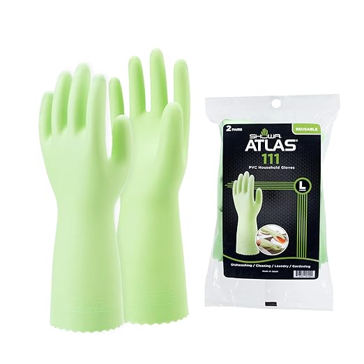 SHOWA 111 Skin-Friendly Dishwashing Gloves, Latex-Free PVC, Reusable Housekeeping Gloves with Cotton Liner, Non-Slip Grip for Kitchen & Gardening, Made in Japan, Medium, 2-Pairs
