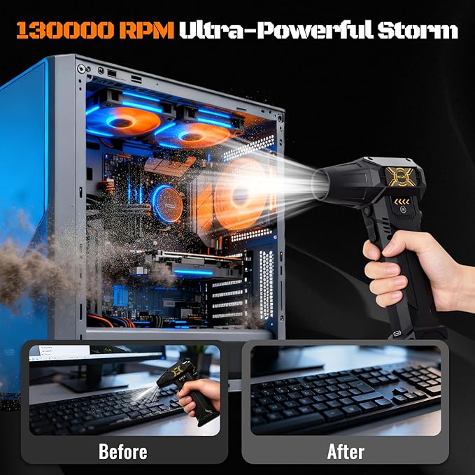 Electric Air Duster, 380000RPM High-Speed Compressed Air Blower, Replace Disposable Air Cans, Adjustable Speed for Key Board/PC/Car/Home/Outdoor, LED Light, Reusable（DC-5V）