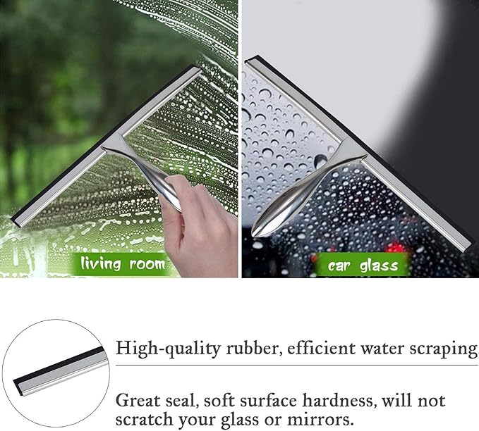 12 Inch Squeegee for Shower, Shower Squeegee with Suction Cup Hooks, for Glass Door Marble Mirror Bathroom, Chrome Plated Stainless Steel Deluxe Car Window Home Kitchen Tile Scraper