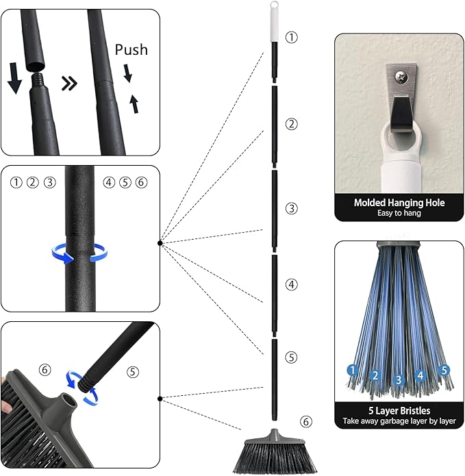 Outdoor Indoor Broom for Floor Cleaning - 54 inch Outside Indoor Broom, Medium-Hardness Bristles Brooms for Sweep Outdoor, Angle Brooms for Floors Applied to Yards, Garages, Patios, and Walkways, etc