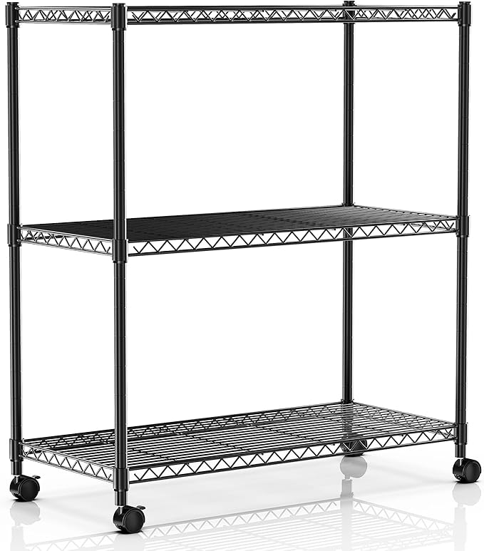 Simple Deluxe Shelving Unit - 3 Tier Shelf for Garage Storage, Black, 24.02" W x 13.78" D x 29.92" H, 750 Lbs Capacity, Adjustable Shelves, Leveling Feet, Caster Wheels for Easy Mobility,Black