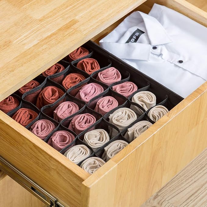 Qozary 2 Pack Socks Underwear Drawer Organizer Divider, 24 Cell or 16 Cell Collapsible Cabinet Closet Organizer Storage Boxes for Clothes, Socks, Lingerie, Underwear, Ties