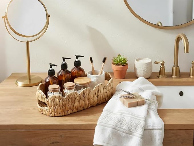 2 SAME SIZE Toilet Paper Storage Basket,Back of Toilet Storage,Boho Decor Small Scalloped Baskets for Bathroom Toilet Tank,Natural Water Hyacinth