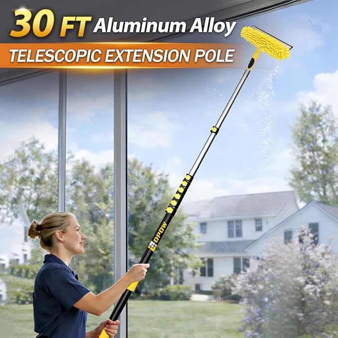 36FT High Reach Window Squeegee with Extension Pole, 2-1 Window Washing Kit with 8-Stage Telescopic Pole & Rotatable Head, No-Ladder Window Cleaner for High Window, Solar Panel, RV & Outdoor Glass