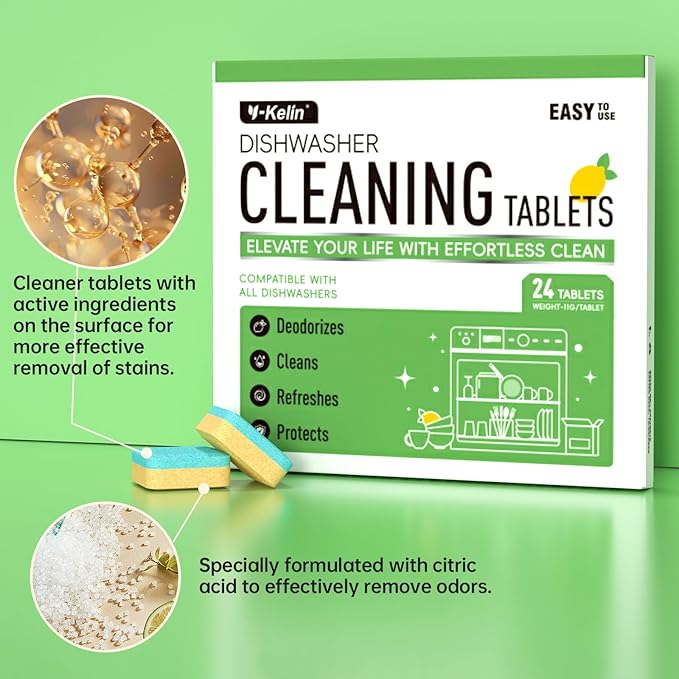 Dishwasher Cleaner and Deodorizer Tablets, Dishwasher Cleaning Tablets 24 Pack - Helps Remove Limescale & Odor, Prevents Buildup in Pipes, Safe for All Dishwashers, Lemon Scent - 12 Month Supply