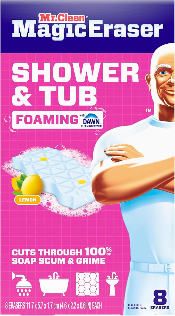 Mr. Clean Magic Eraser Sponge, Bathroom, Shower, Tub Cleaner, Soap Scum Remover, Bathroom Cleaning Supplies, Dawn Cleaning Power with Lemon Scent, Shower & Tub, 8ct